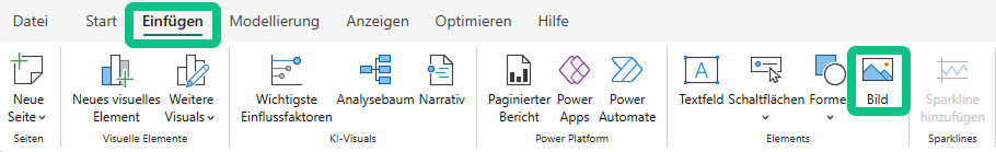 Power BI Insert ribbon with highlighted menu item Image for inserting a user-defined image button in the report.