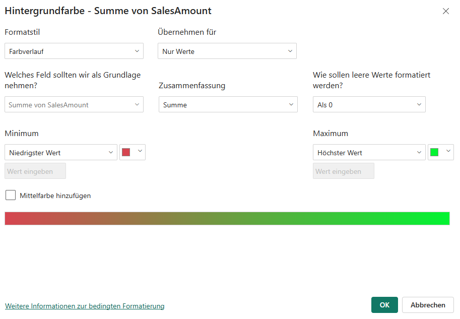 Dialogfenster zur bedingten Formatierung in Power BI mit Einstellungen für einen Farbverlauf der Hintergrundfarbe basierend auf der Summe von SalesAmount.