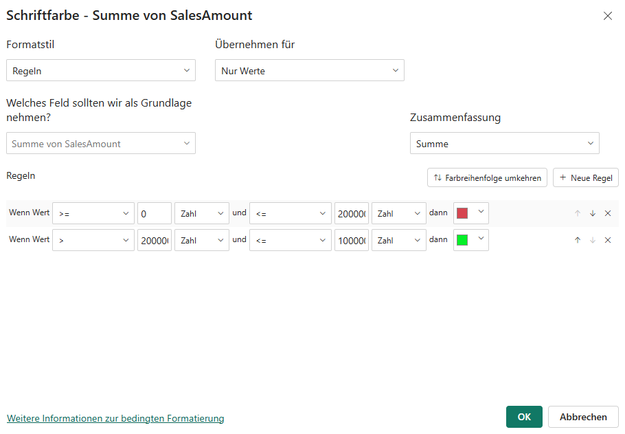 Dialogfenster zur bedingten Formatierung der Schriftfarbe in Power BI, in dem Regeln zur farblichen Hervorhebung der Summe von SalesAmount definiert werden.