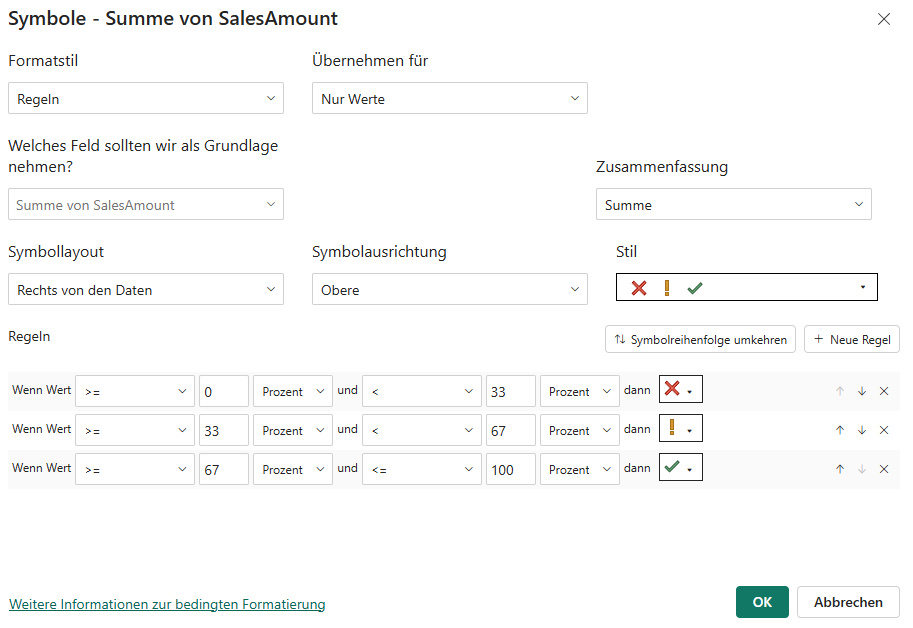 Dialogfenster zur bedingten Formatierung mit Symbolen in Power BI, in dem Regeln zur Anzeige von Symbolen für die Summe von SalesAmount auf Basis von Prozentwerten festgelegt sind.