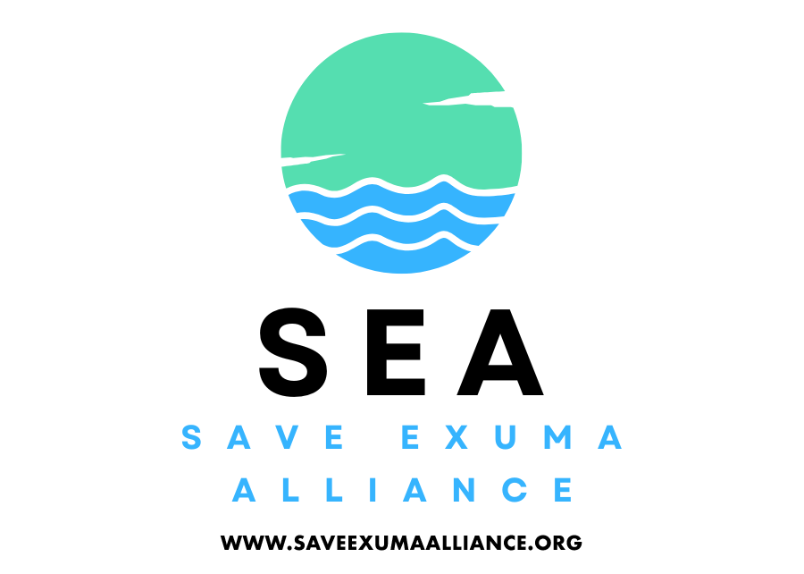 Save Exuma Alliance logo with stylized green sky and blue ocean waves inside a circle, the name 'Save Exuma Alliance' in blue capital letters below, and the website URL www.saveexumaalliance.org at the bottom.