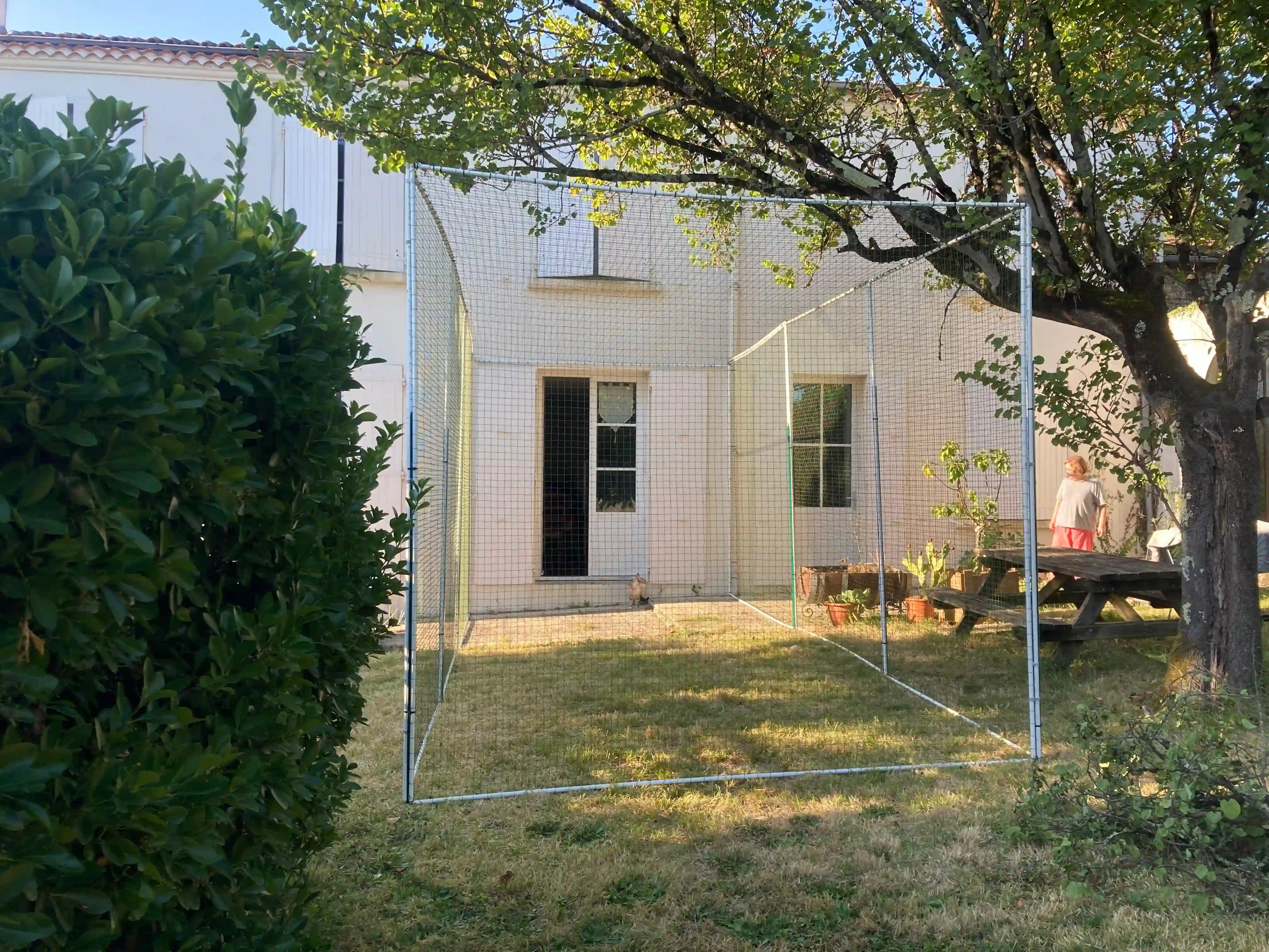 Catio en aluminium installé dans un jardin pour permettre au chat de sortir en sécurité