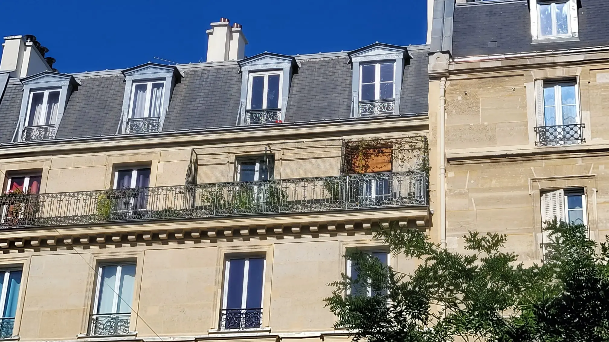 Enclos pour chat installé le long de la rambarde d’un balcon