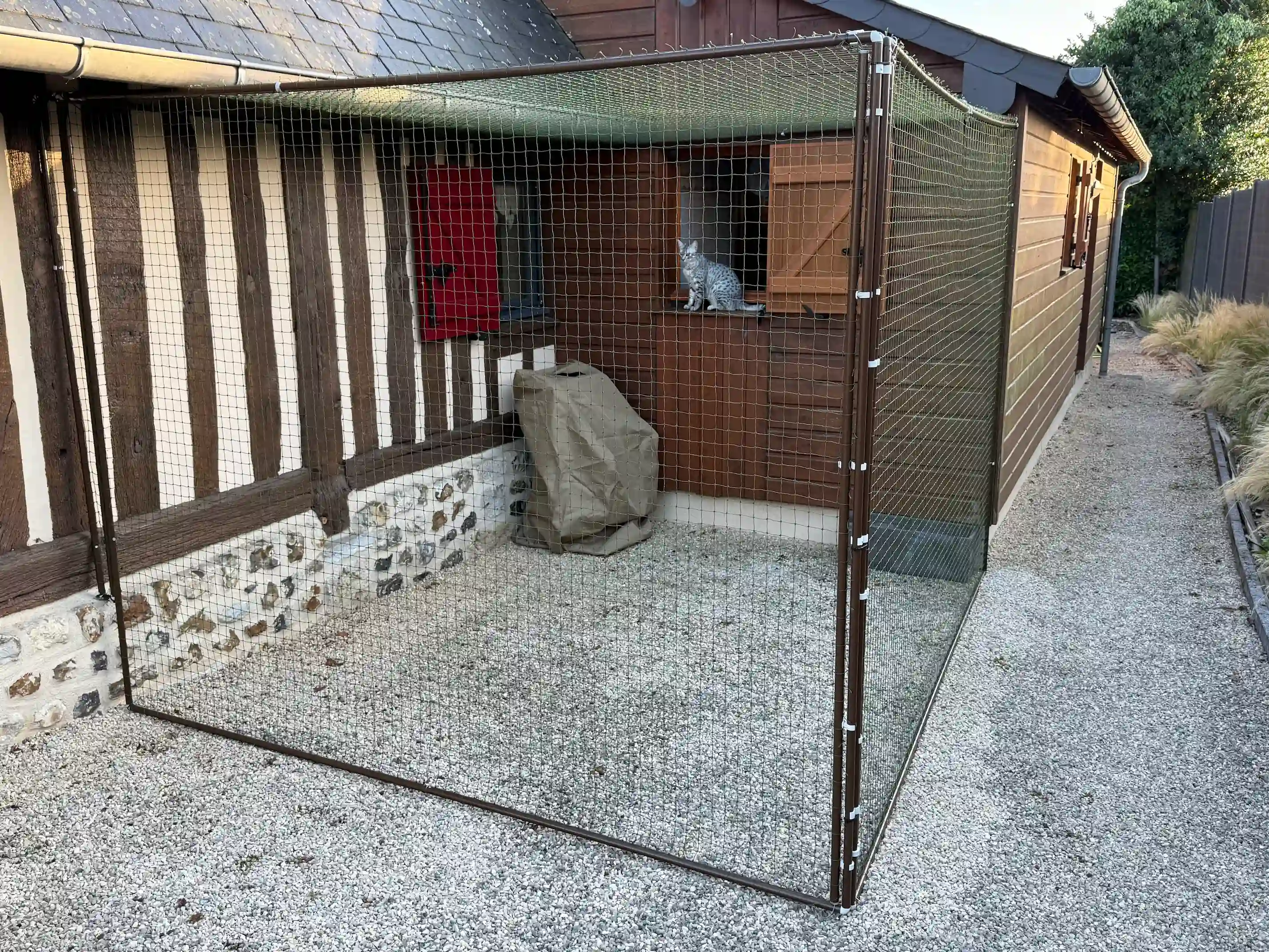 Enclos extérieur pour chat installé dans un jardin