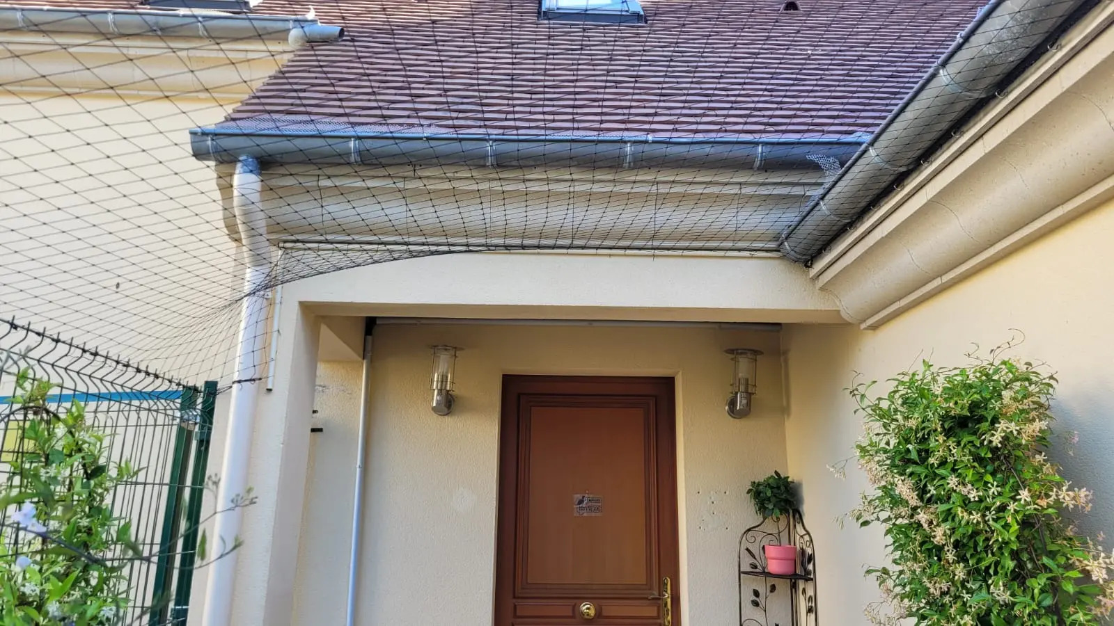 Filet aérien installé autour d’une clôture de jardin pour sécuriser un chat