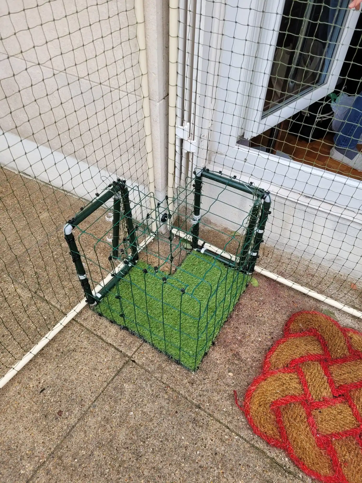 Tunnel pour chat installé le long d’une clôture grillagée dans un jardin