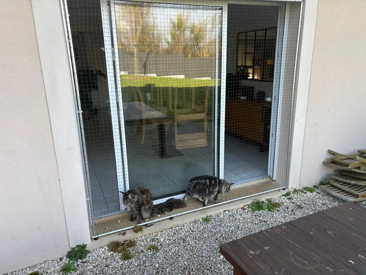 Bavolet anti fugue fixé sur une clôture grillagée pour chat