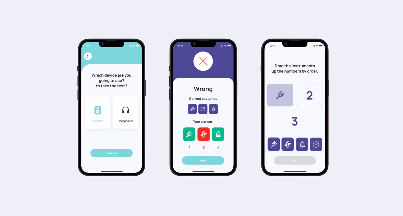 Three smartphones side-by-side showing an app.