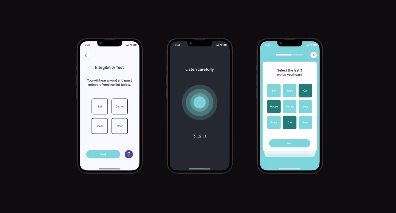 Three smartphones side-by-side over a black background showing an app screen.
