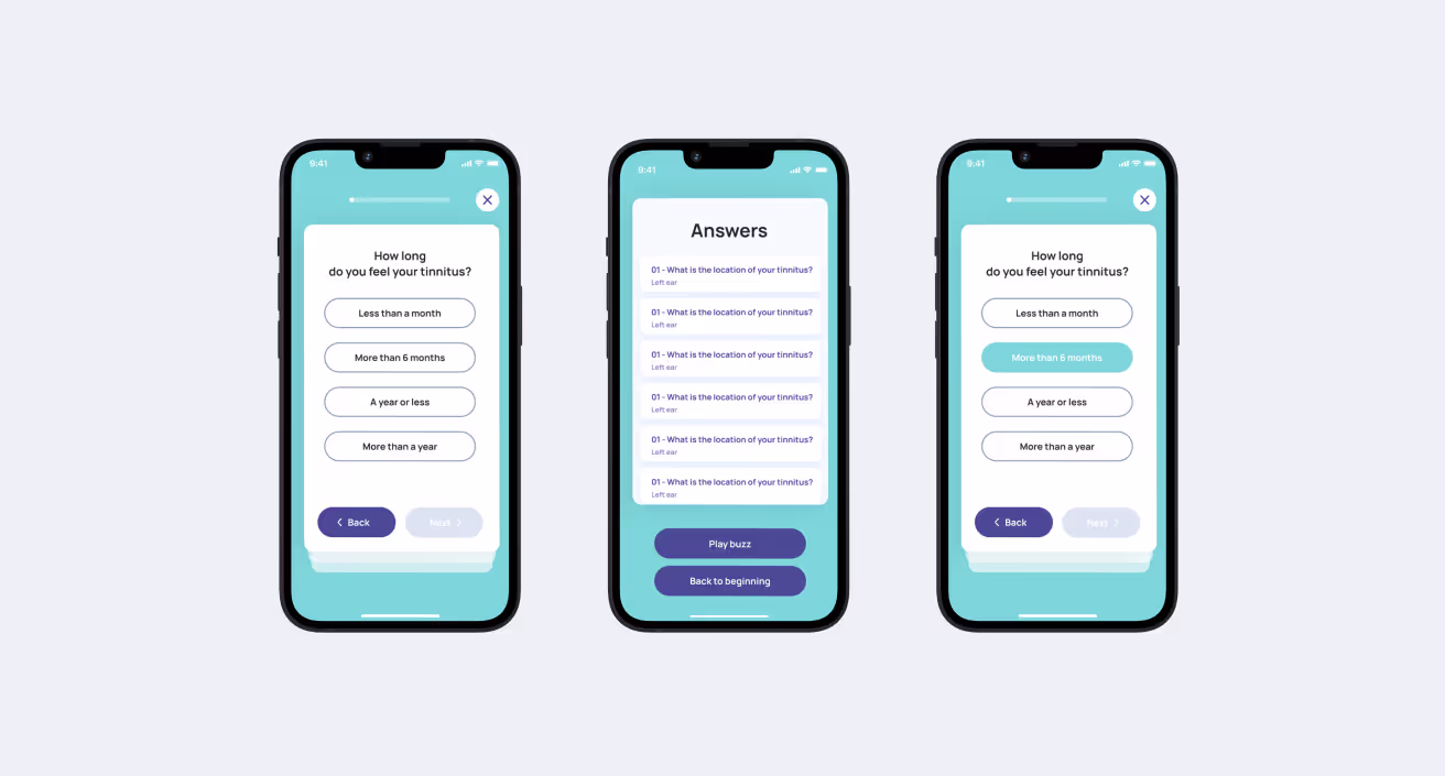 Three smartphones side-by-side over a white background showing an app screen.
