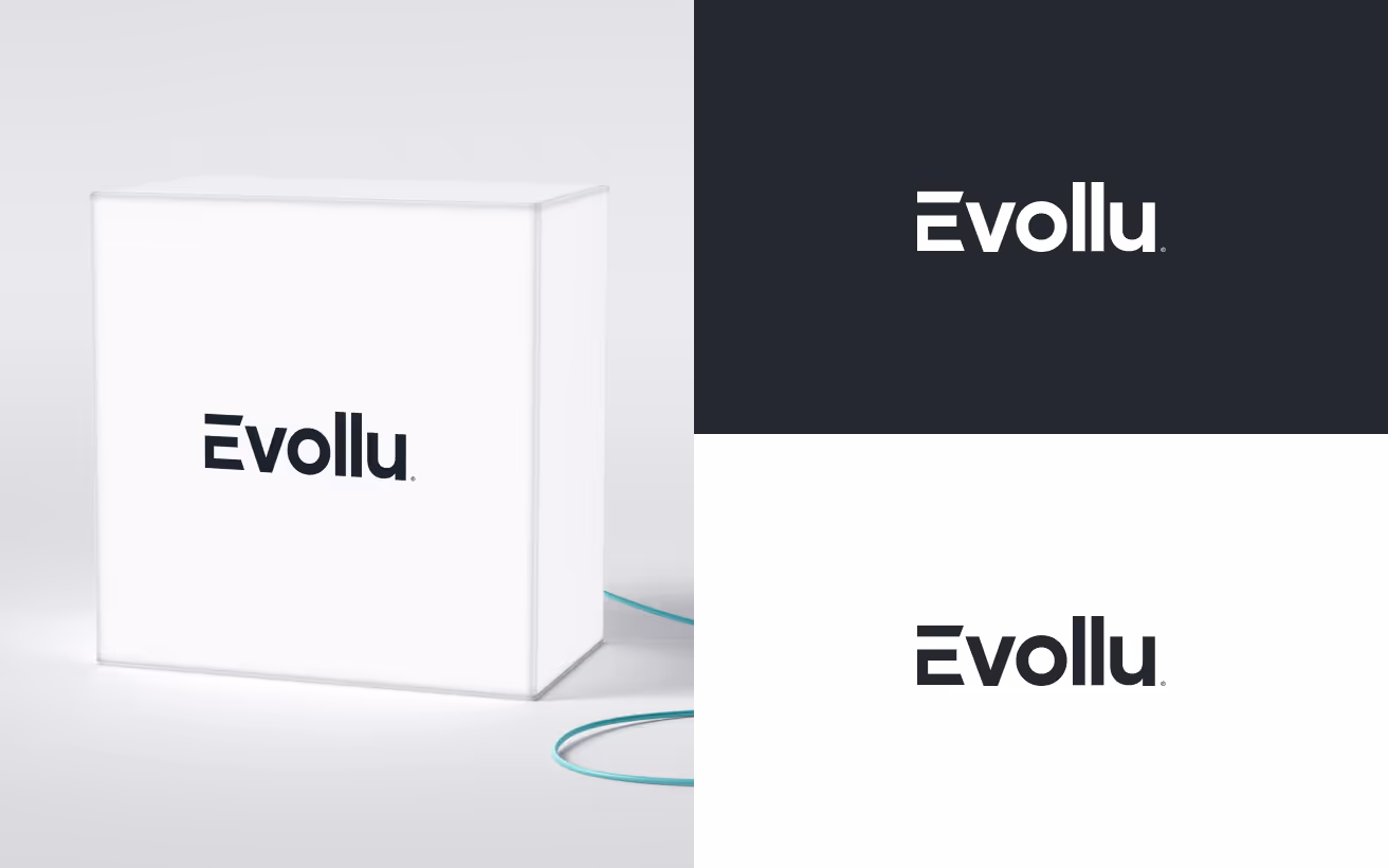 Three image sections showing Evollu logo text in black and white over white and black backgrounds (respectively).