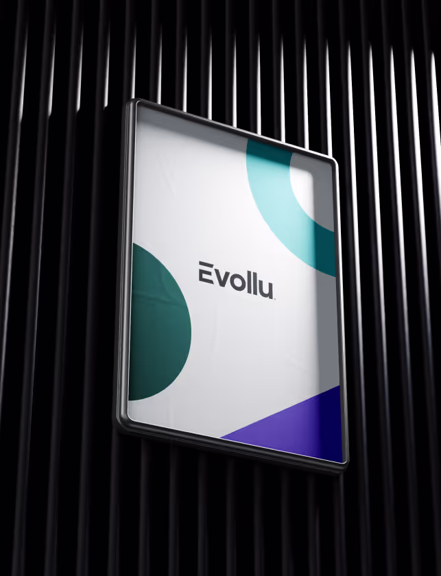 Evollu logo in black on a white vertical billboard.