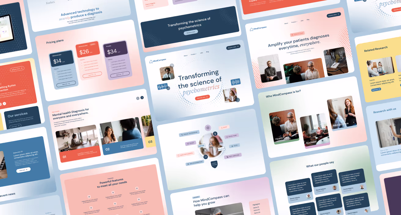 Grid pattern with various MindCompass website sections.
