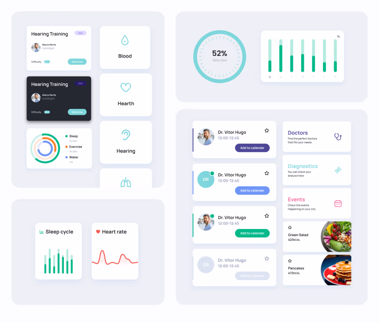 Grid view of various Evollu design elements and app widgets.