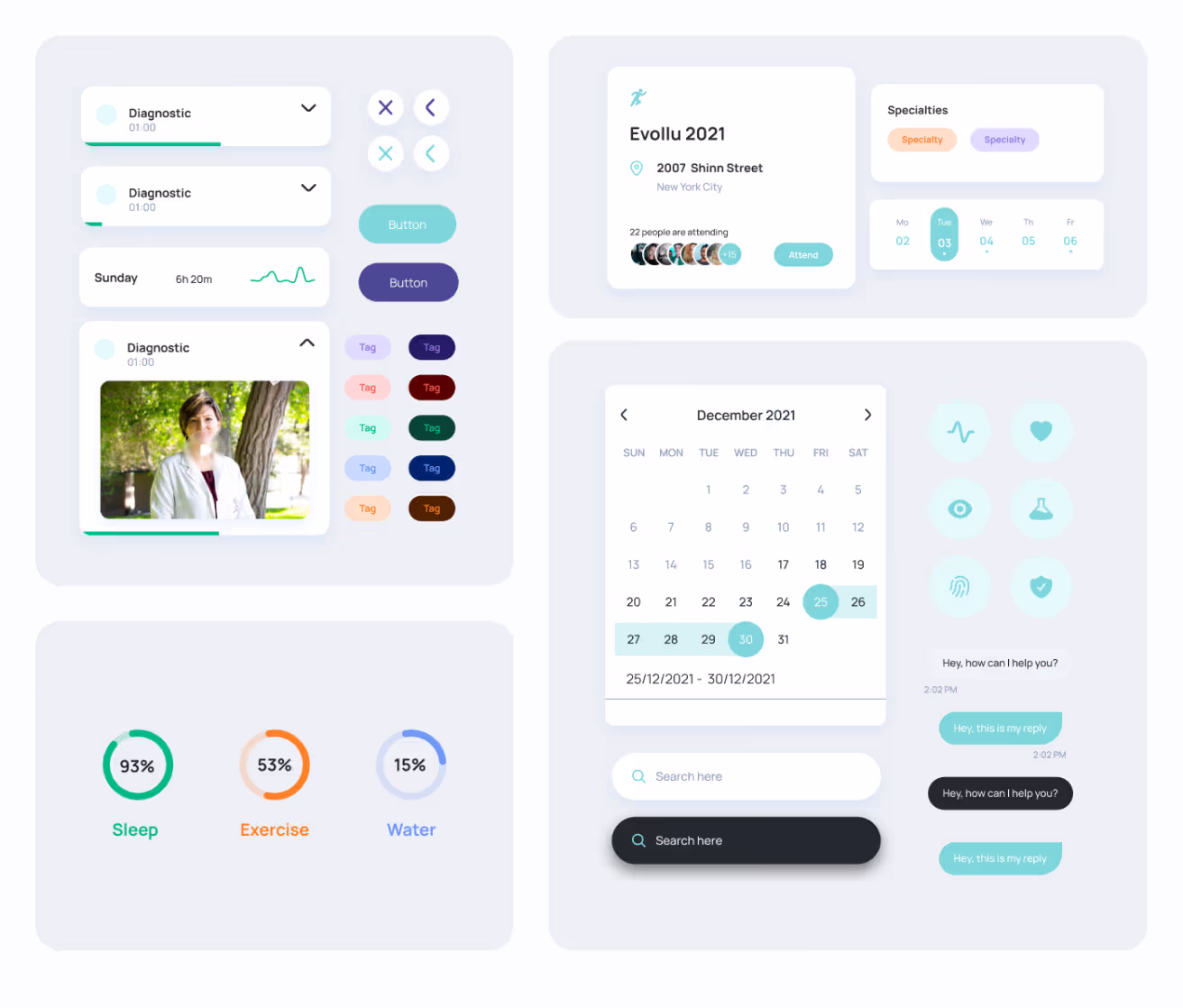 Grid view of various Evollu design elements and app widgets.