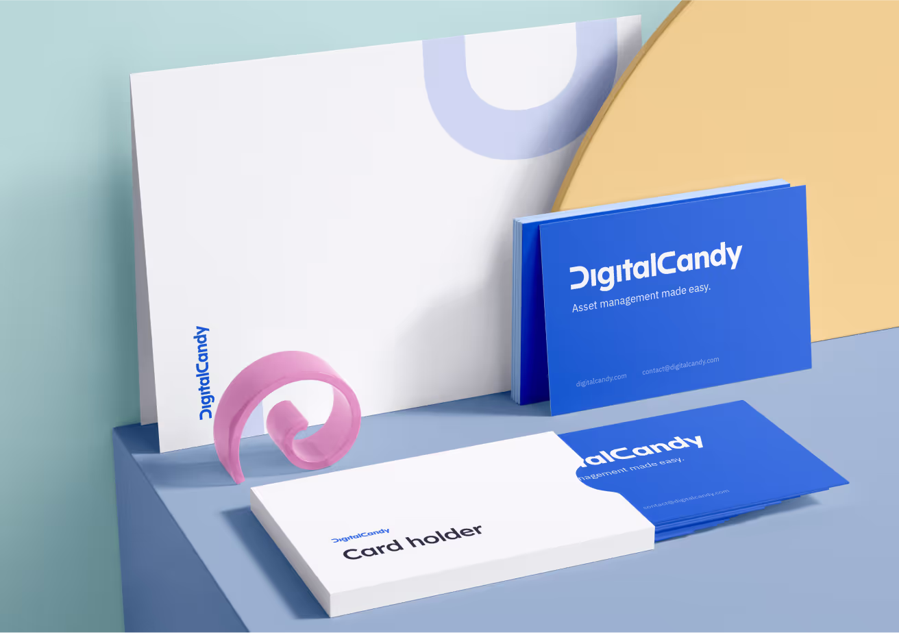 Digital Candy brand business cards and cards holder.