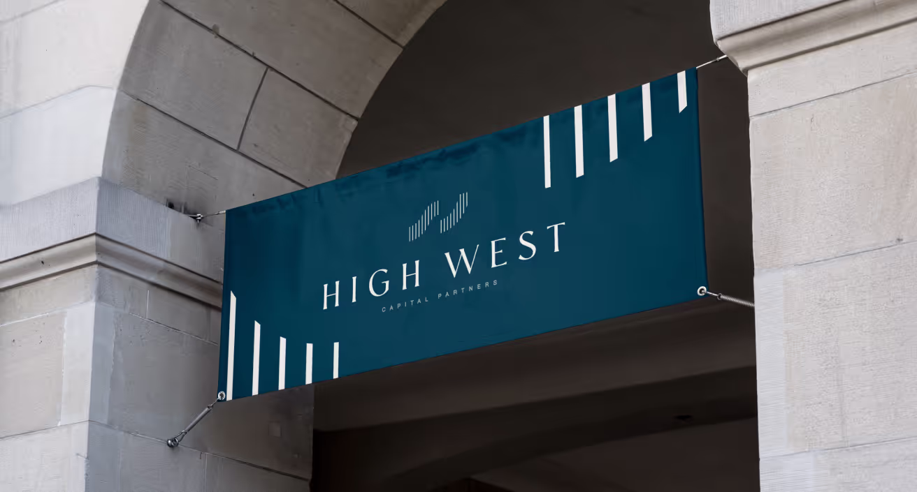 a blue sign for high west hanging from the side of a building