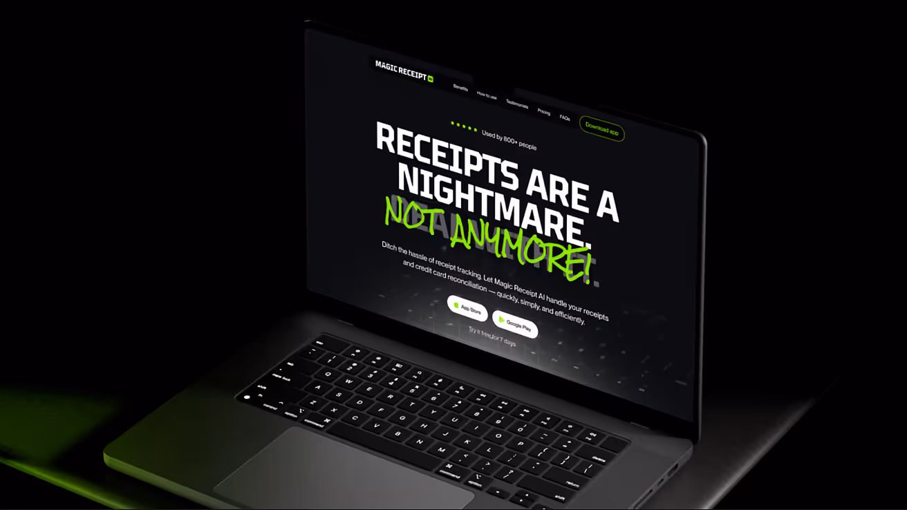 Laptop screen displaying website with text 'Receipts are a nightmare. Not anymore!' promoting Magic Receipt AI app with options to download from App Store and Google Play.