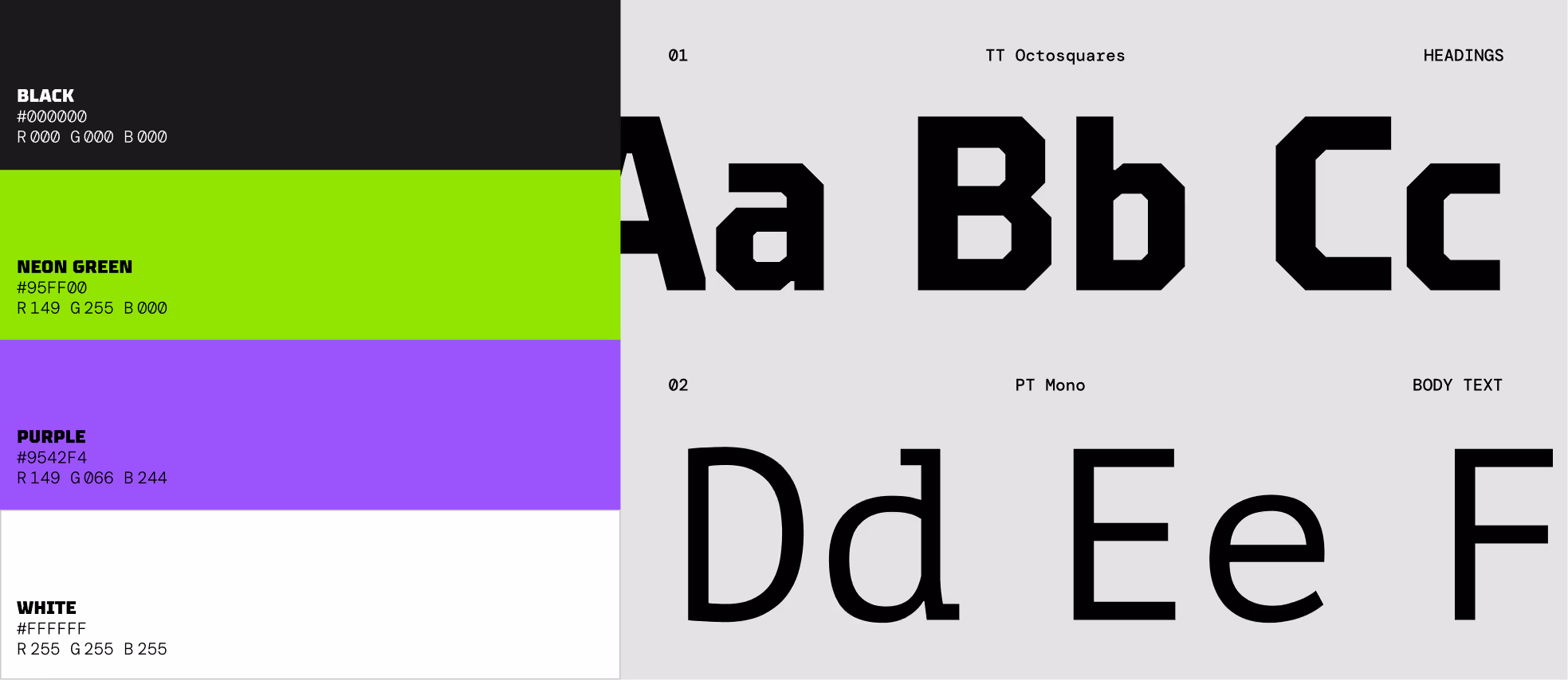 Color palette with black, neon green, purple, and white on the left; font samples TT Octosquares for headings and PT Mono for body text on the right.