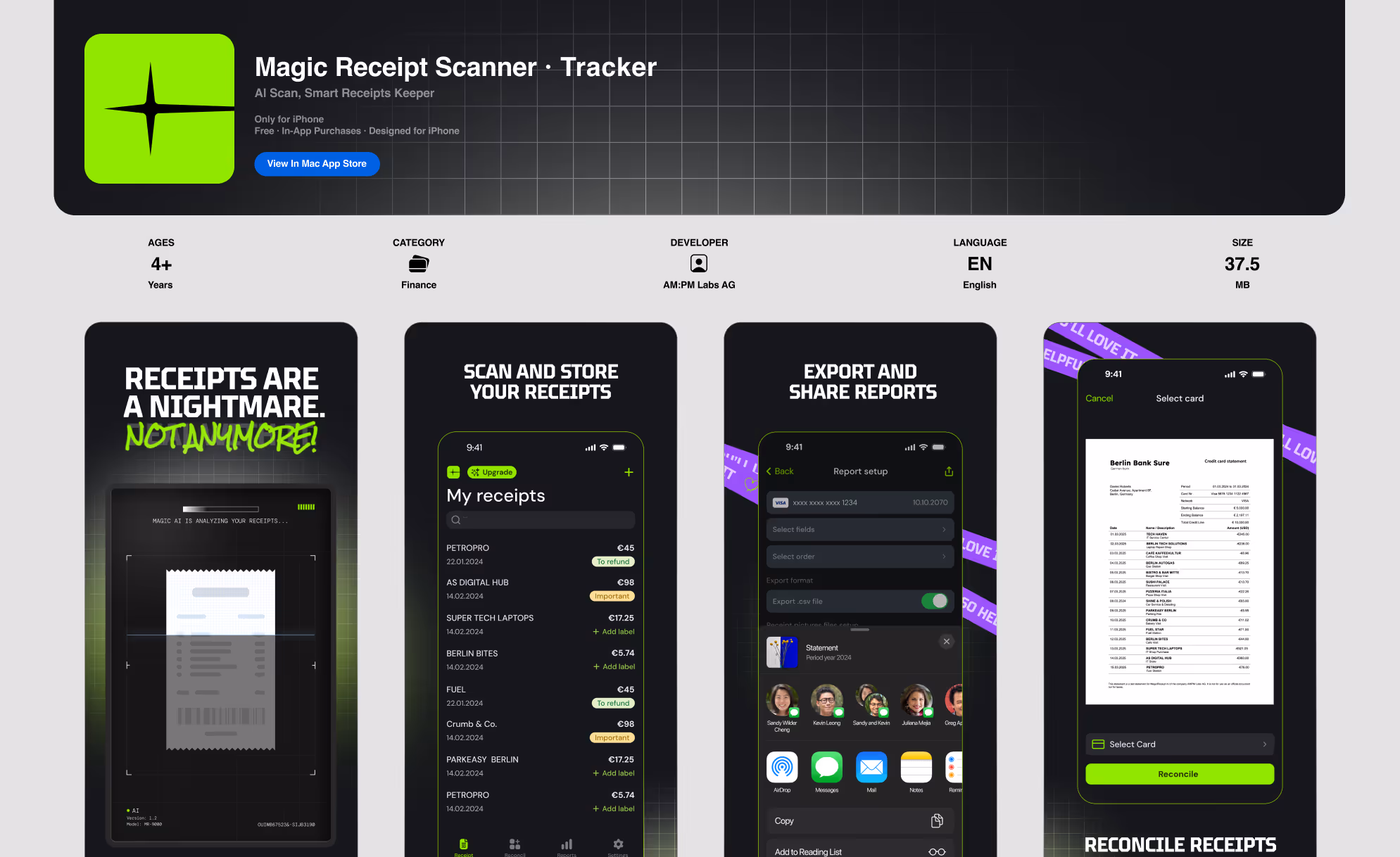 Magic Receipt Scanner app interface showing receipt scanning, stored receipts list, report export options, and receipt reconciliation screen.