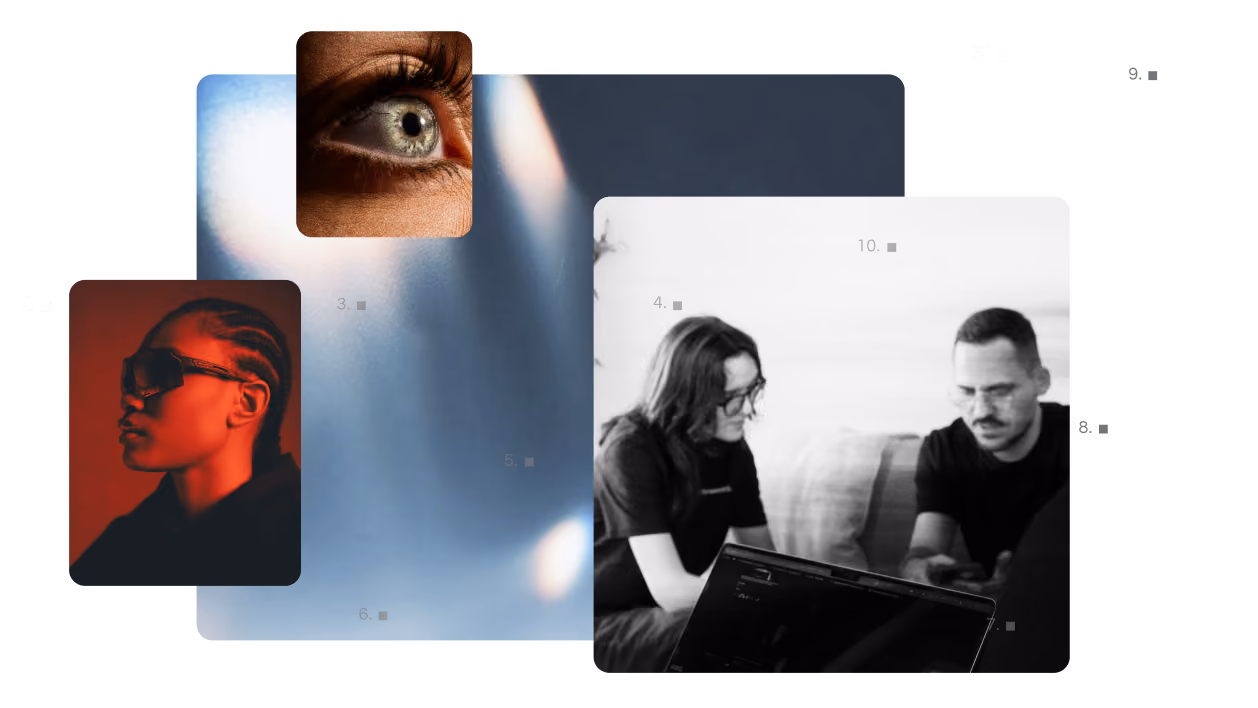 Collage with profile of a woman in sunglasses and two Forwwward Studio members seated talking with a laptop in front.