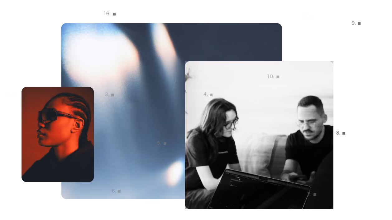 Collage with profile of a woman in sunglasses and two Forwwward Studio members seated talking with a laptop in front.