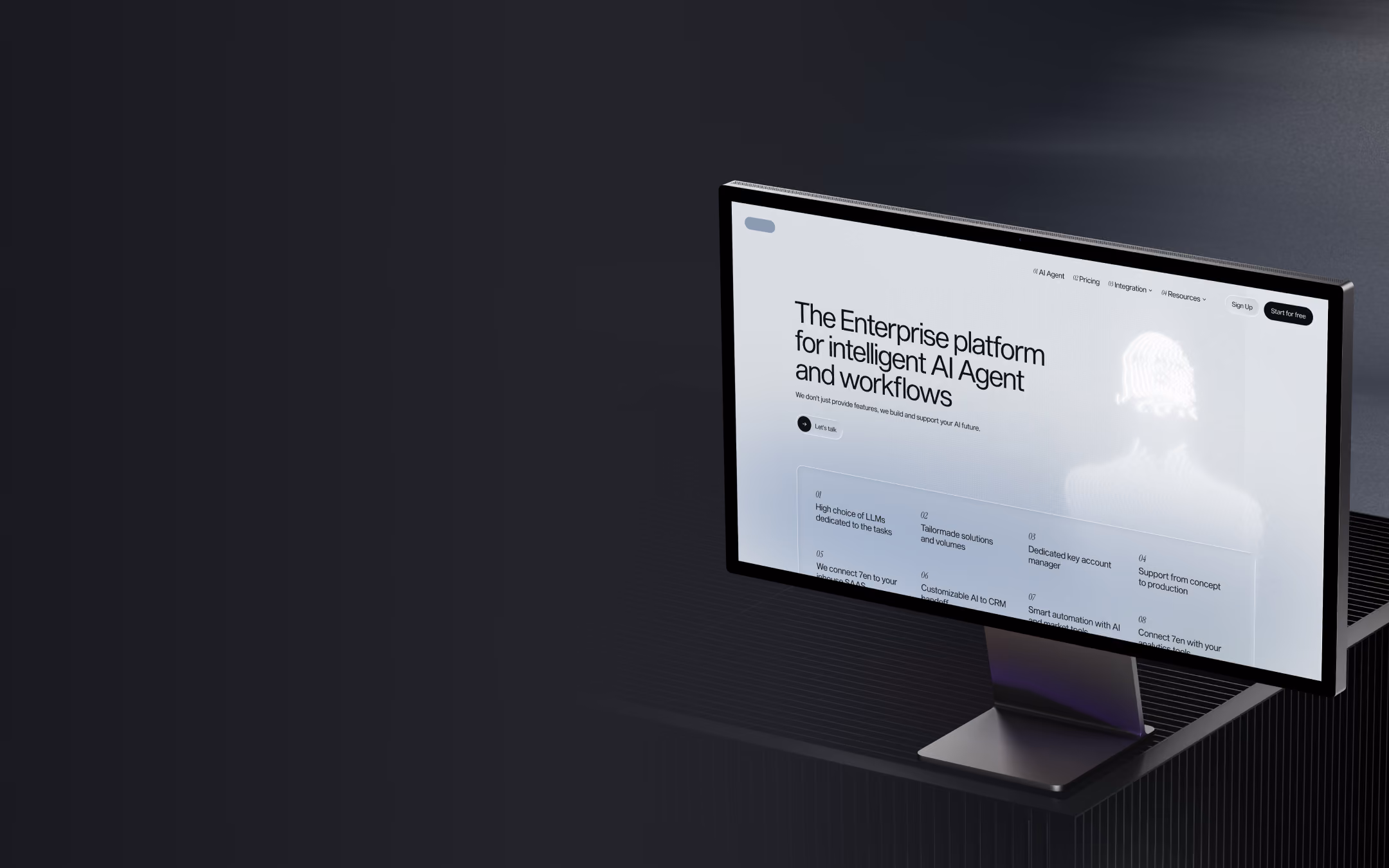 Desktop monitor showing a website for an enterprise platform with intelligent AI agent features and workflows.