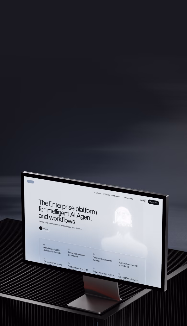 Desktop monitor showing a website for an enterprise platform with intelligent AI agent features and workflows.