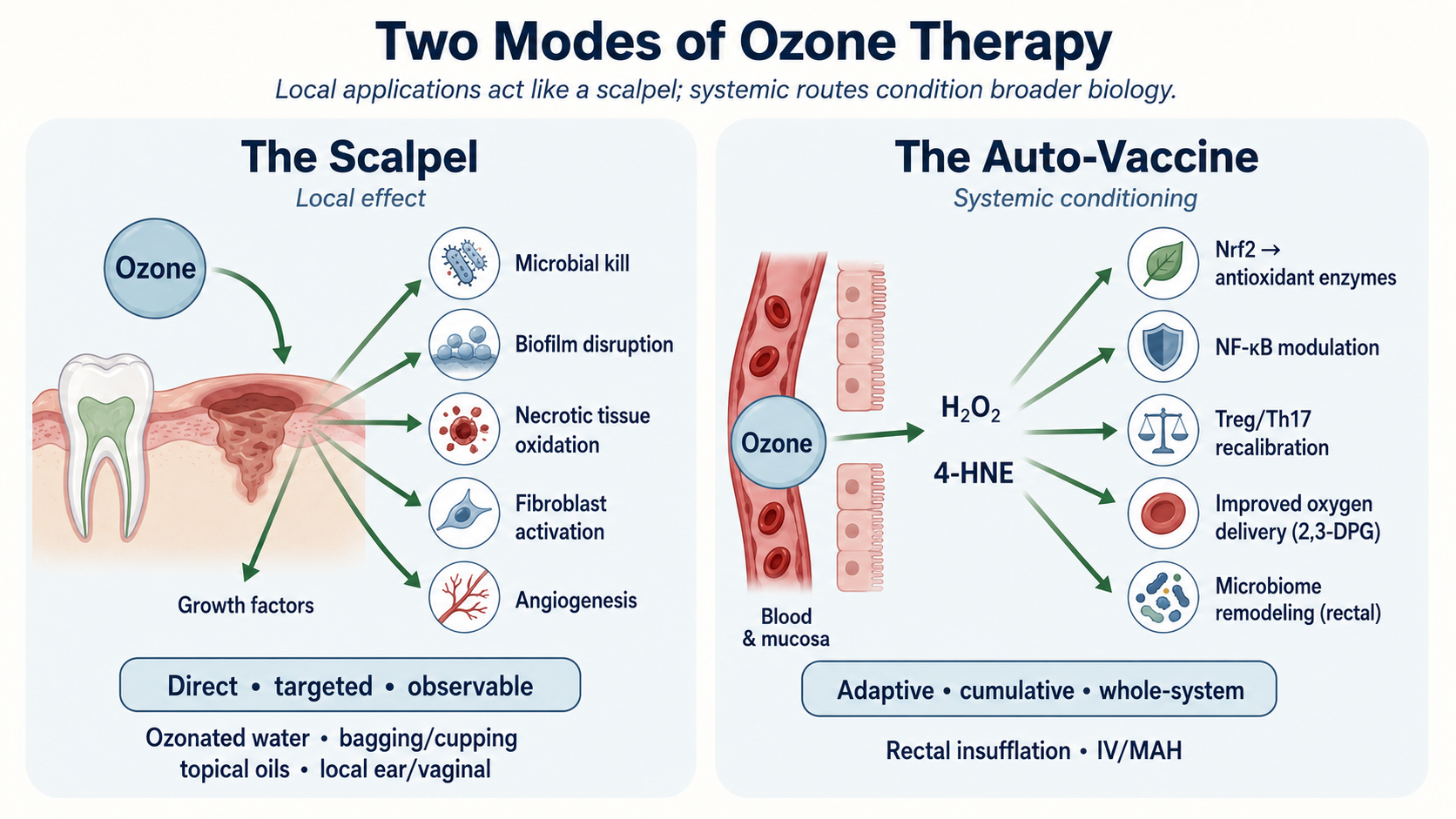 Two modes of ozone therapy: local scalpel effect versus systemic auto-vaccine conditioning