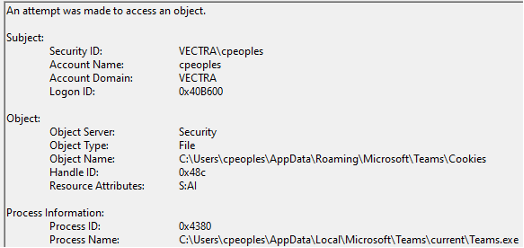 Alert from a system monitoring rule that identified a process accessing sensitive files in Microsoft Teams.