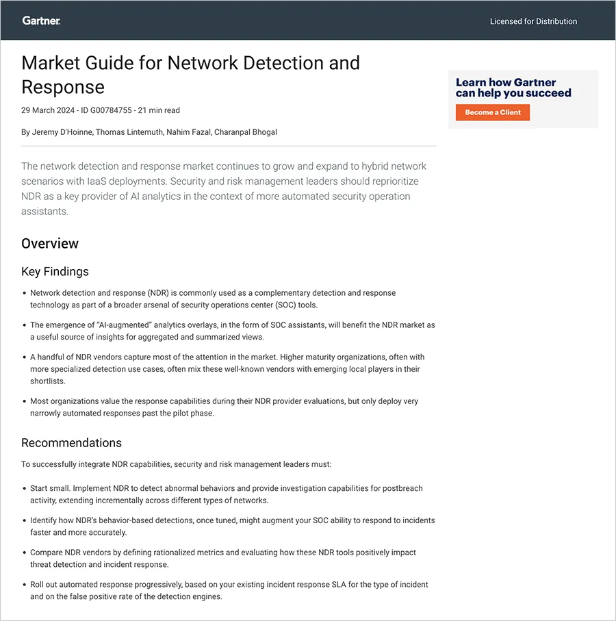 2024 Gartner® Market Guide for Network Detection and Response (NDR)