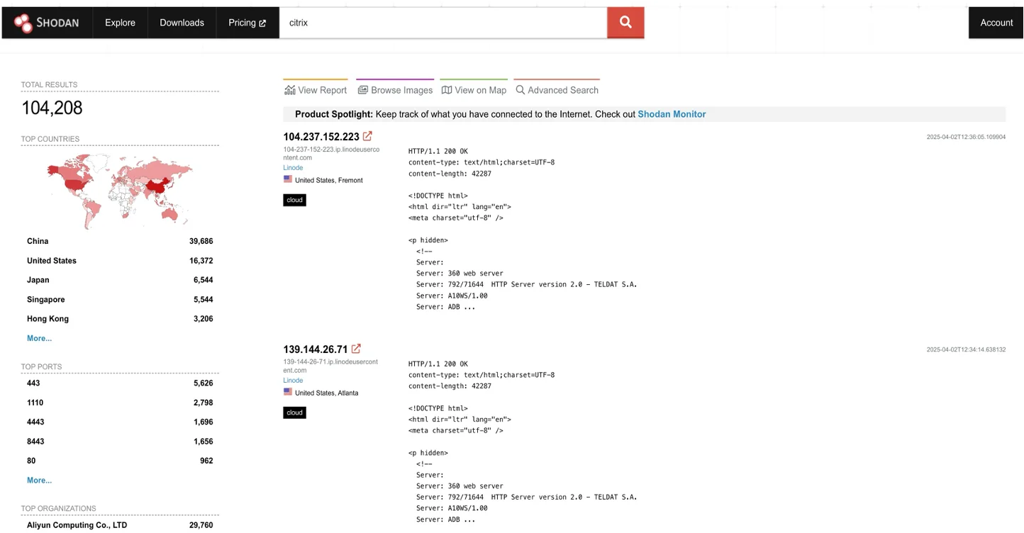 Capture d'écran de l'interface de Shodan