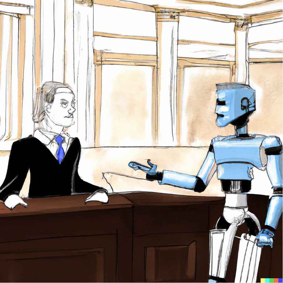 A robot arguing a case to a human judge in court in the style of a realistic courtroom sketch.