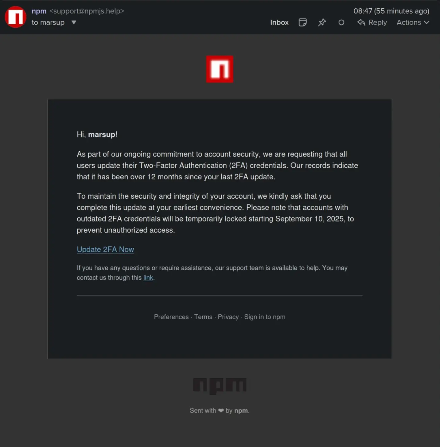 npm phishing email received by the admin