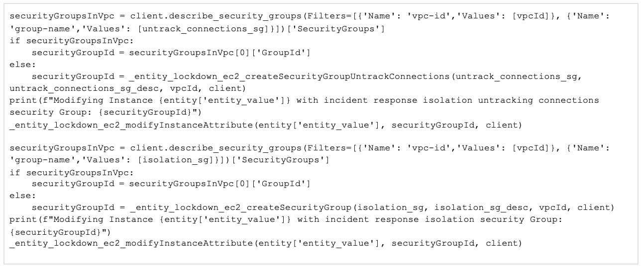 Ce groupe de sécurité n'a pas de règles d'entrée et de sortie. L'attribution de ce groupe de sécurité isolera complètement l'instance EC2.