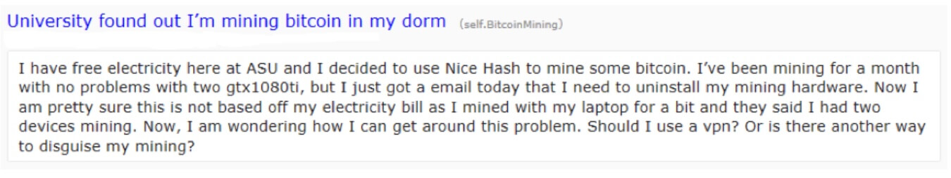 mensaje publicado en reddit que pone de relieve la gravedad del problema de la minería de criptomoneda al que se enfrentan las universidades.