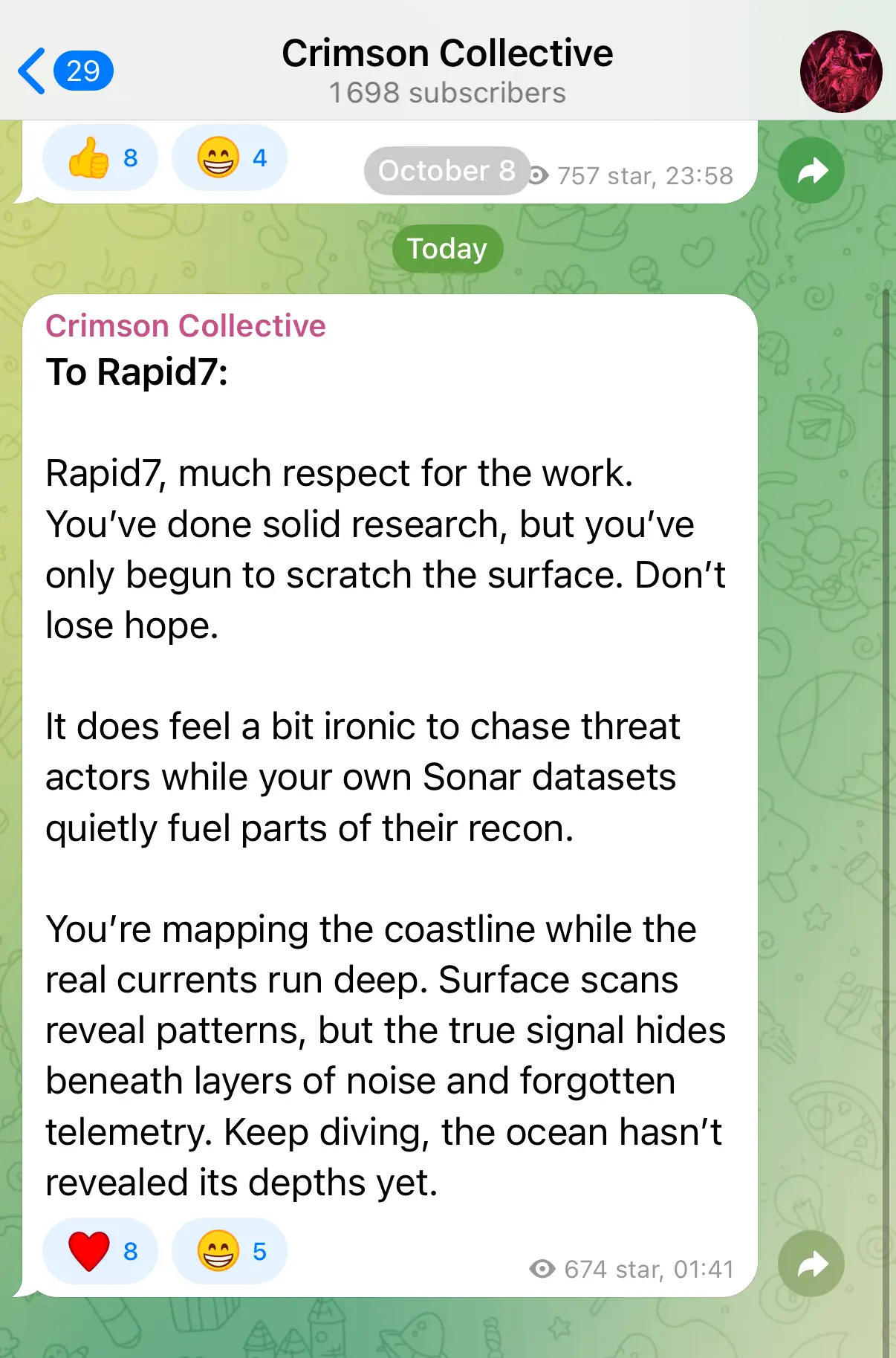 Screenshot of Crimson Collective's message in Telegram