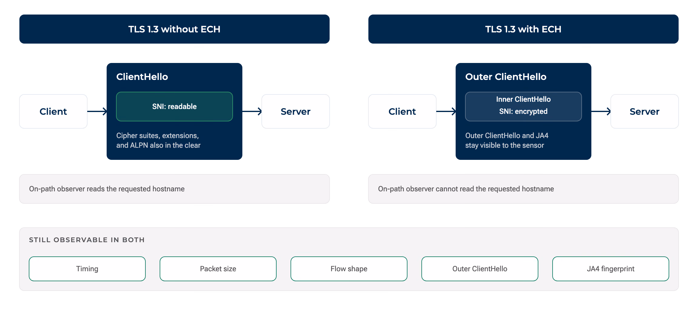 Comparison of TLS 1.3 handshakes with and without Encrypted Client Hello, showing that ECH hides the SNI while timing, sizing, flow shape, the outer ClientHello, and JA4 fingerprints remain observable.