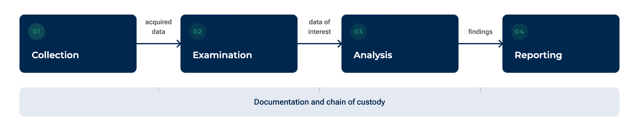 Four-phase forensic process flow showing how acquired data becomes findings, with documentation and chain of custody underpinning every phase.