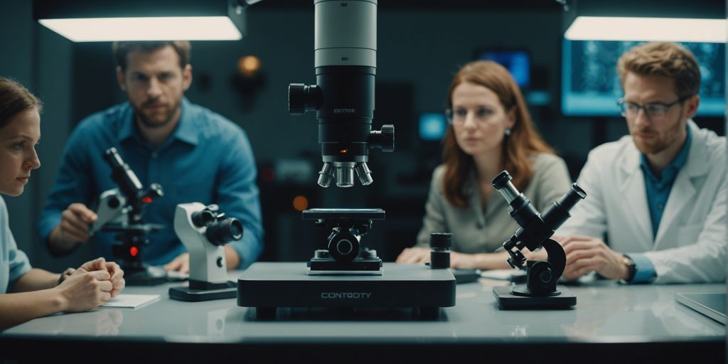 A balanced scale with a microscope and a group of people, representing control group analysis in scientific research.