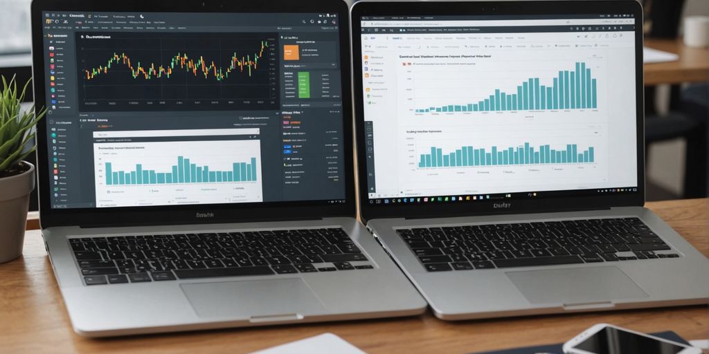 Split-screen of website designs with data charts.