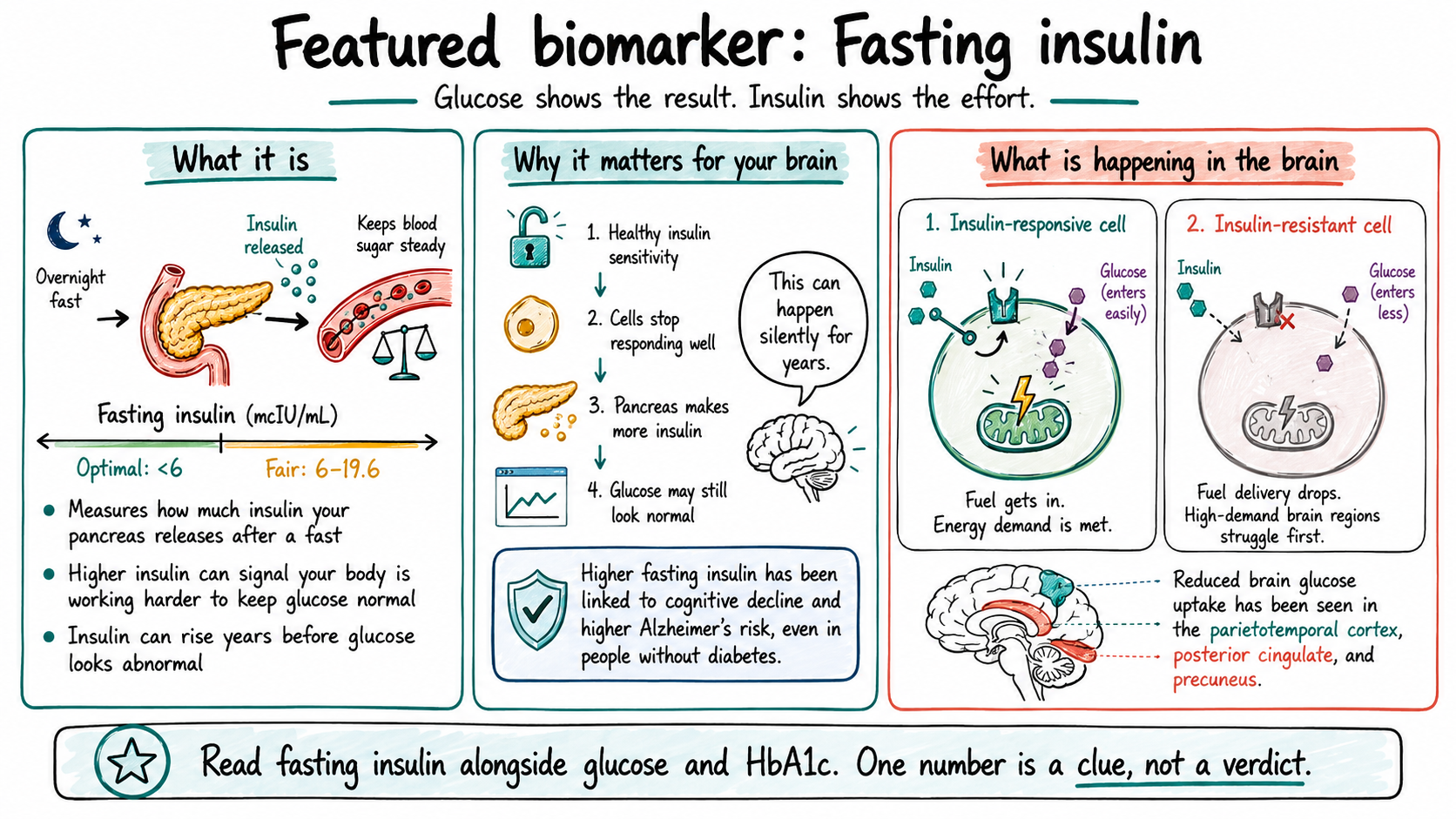 Diagram explaining fasting insulin: what it is, why it matters for the brain, and how insulin-resistant cells take up less glucose