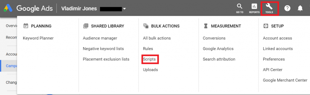Google Ads tools menu highlighting the scripts option