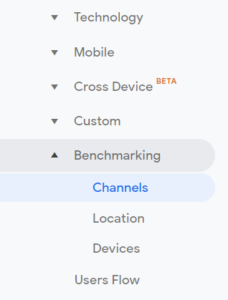 Google Analytics left-handed menu highlighting benchmarking