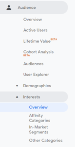 Google Analytics left-handed menu highlighting interests