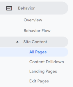 Google Analytics left-handed menu highlighting site content
