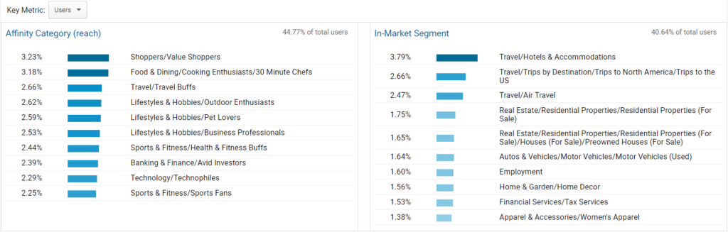 Google Analytics user interests breakdown