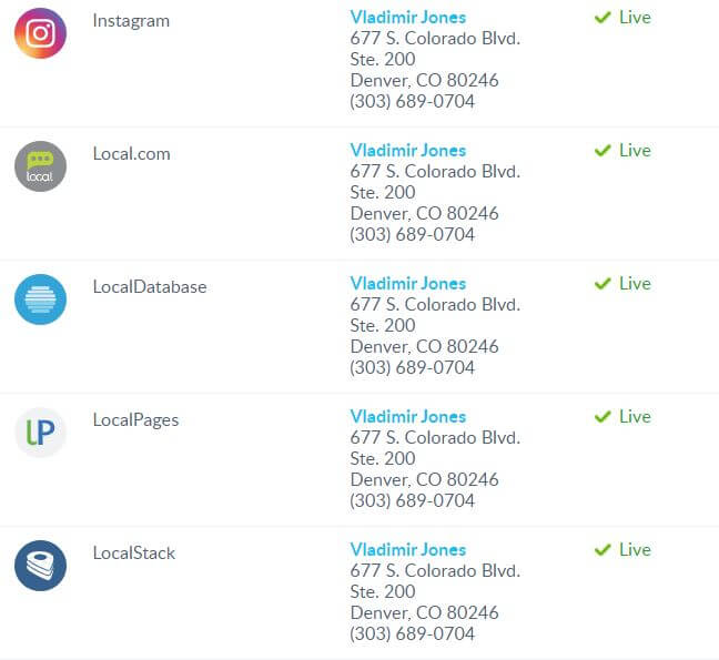 Online listings for the Vladimir Jones’ Denver office across a selection of directories and social media platforms.