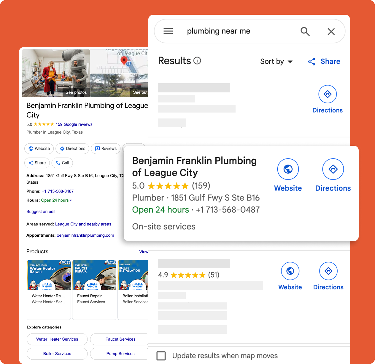 Screenshot of Google search results for 'plumbing near me' showing top listing for Benjamin Franklin Plumbing of League City with 5-star rating, address, phone, hours, services, and navigation buttons.