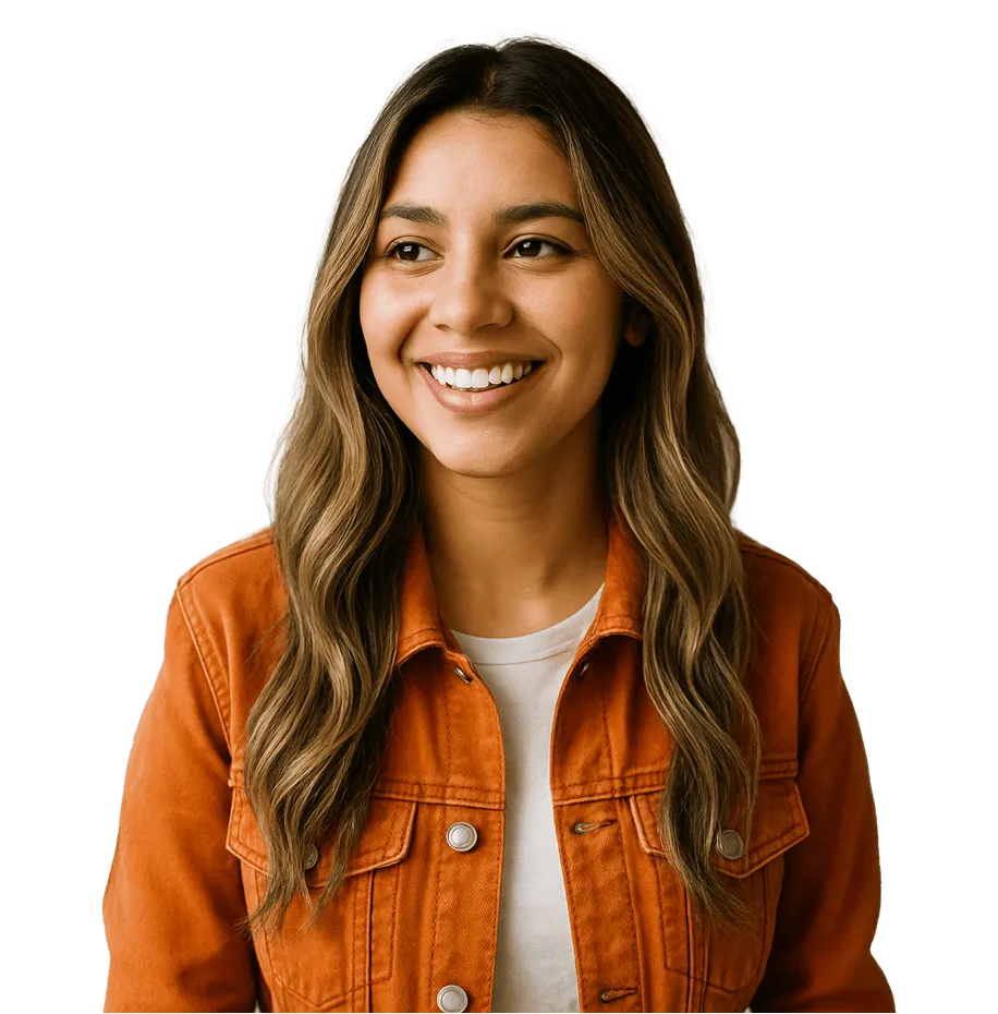 Smiling woman with long hair wearing a leather orange jacket